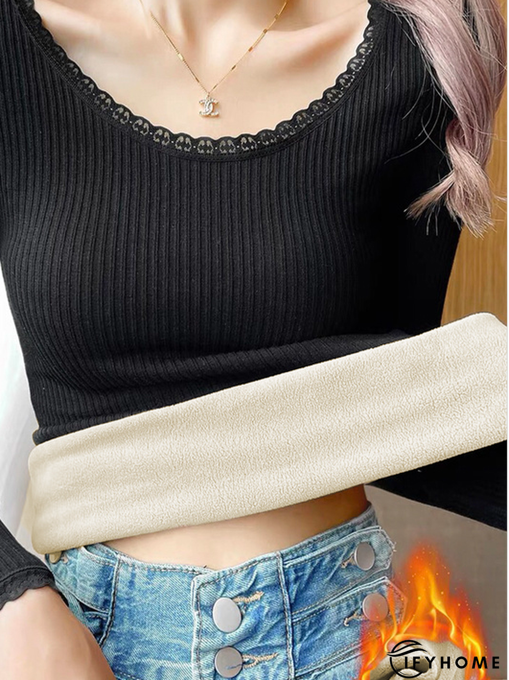 Fluff/Granular Fleece Fabric Lace Casual T-Shirt | IFYHOME