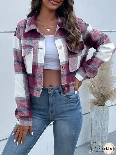 Plaid Button Up Drop Shoulder Cropped Jacket