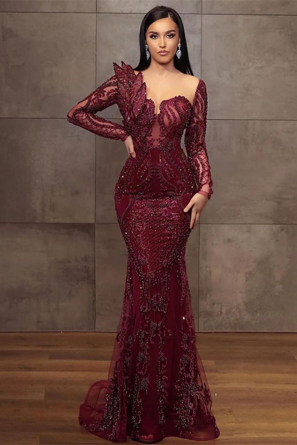 Charming Cabernet Long Sleeves Prom Dress Mermaid With Beadings Online - lulusllly