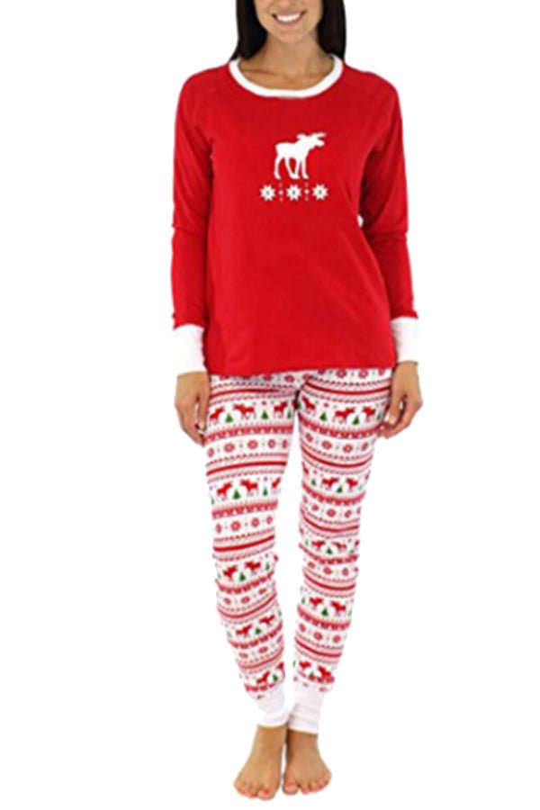 Womens Snowflake Reindeer Printed Family Christmas Pajama Set Dark Red-elleschic