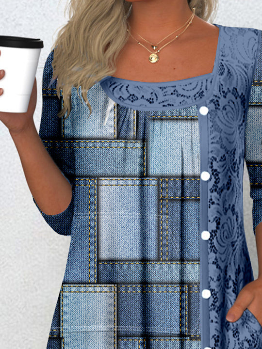 Women's Long Sleeve Scoop Neck Graphic Lace Buttons Top