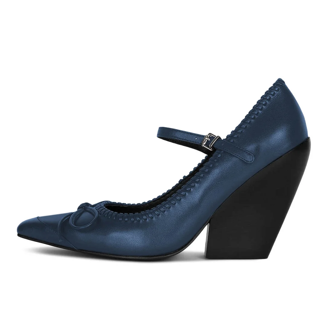 Navy Square Toe Bow Chunky Heel Buckle Strap Mary Jane Pumps