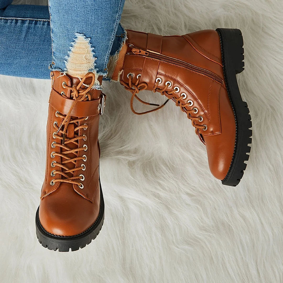 Women's Fashion Buckle Combat Leather Boots