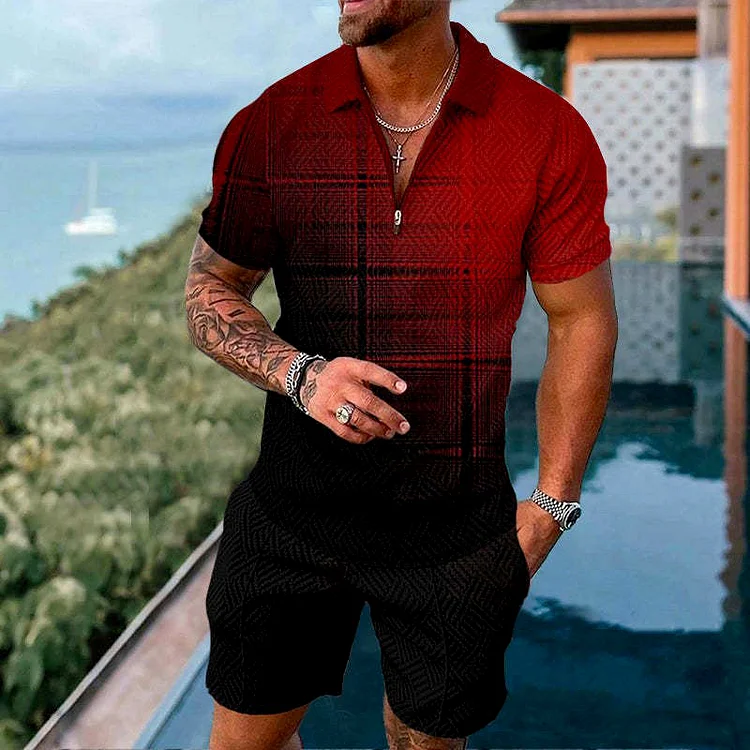 BrosWear Fashion Black And Red Plaid Print Polo Shirt And Shorts Co-Ord