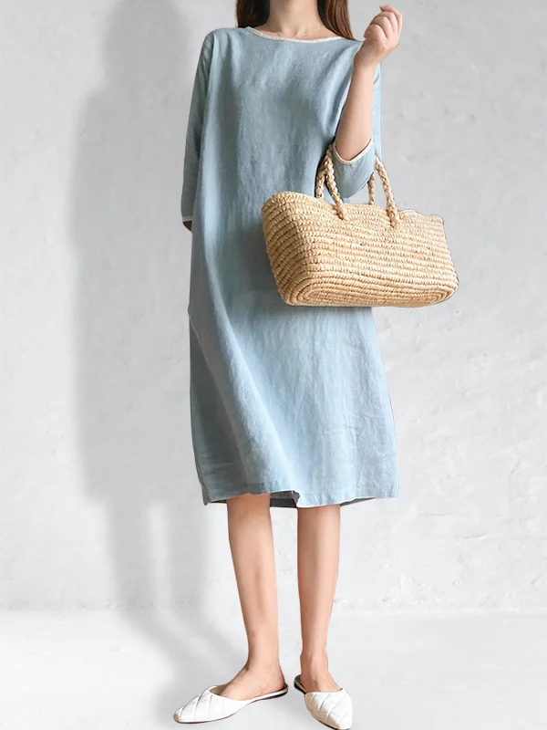 Contrast Collar Comfy Linen Midi Dress