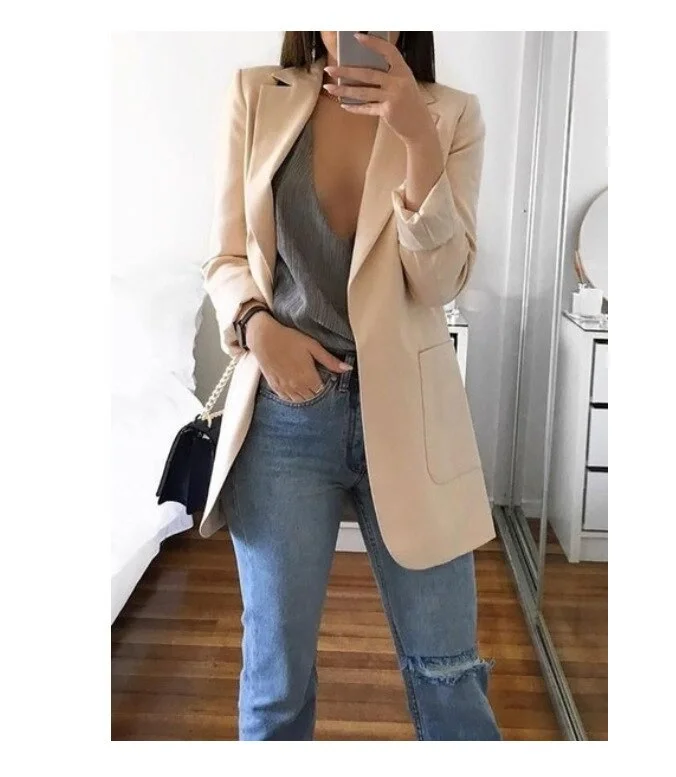 Fashion Women Autumn Blazer Jacket Solid Color Long Sleeve Work Suit Coat Office Lady Elegant Tops Casual Cardigan Blouse