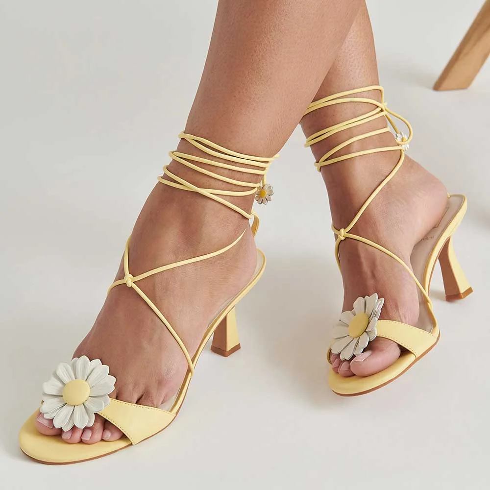 Yellow Floral Cute Sandals Open-Toe Strappy Flared Heels for Women Nicepairs