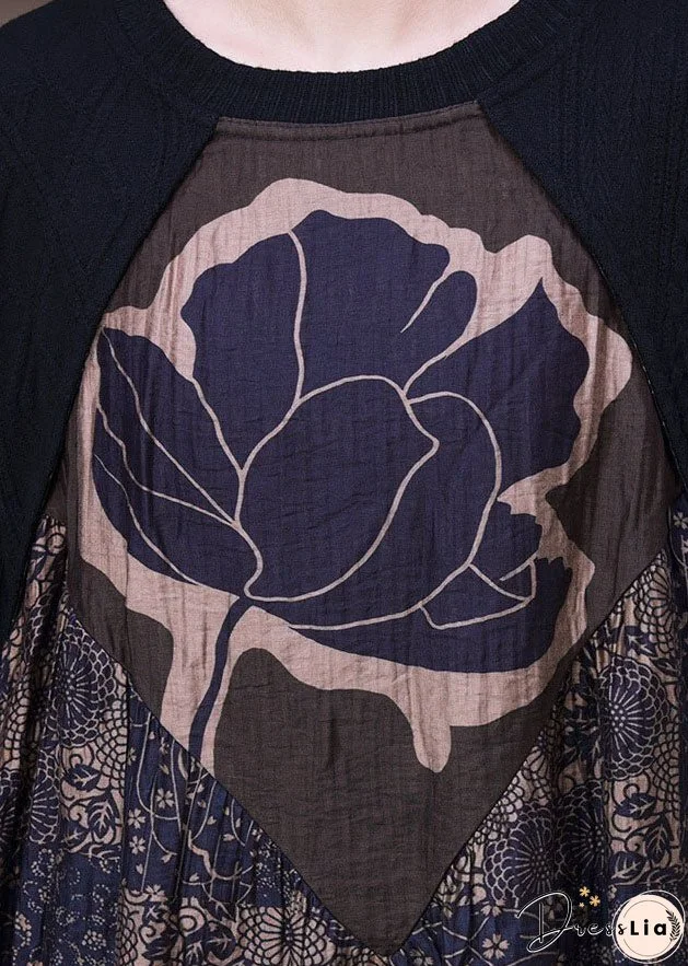 Stylish Purple O-Neck Asymmetrical Patchwork Print Silk Dress Long Sleeve