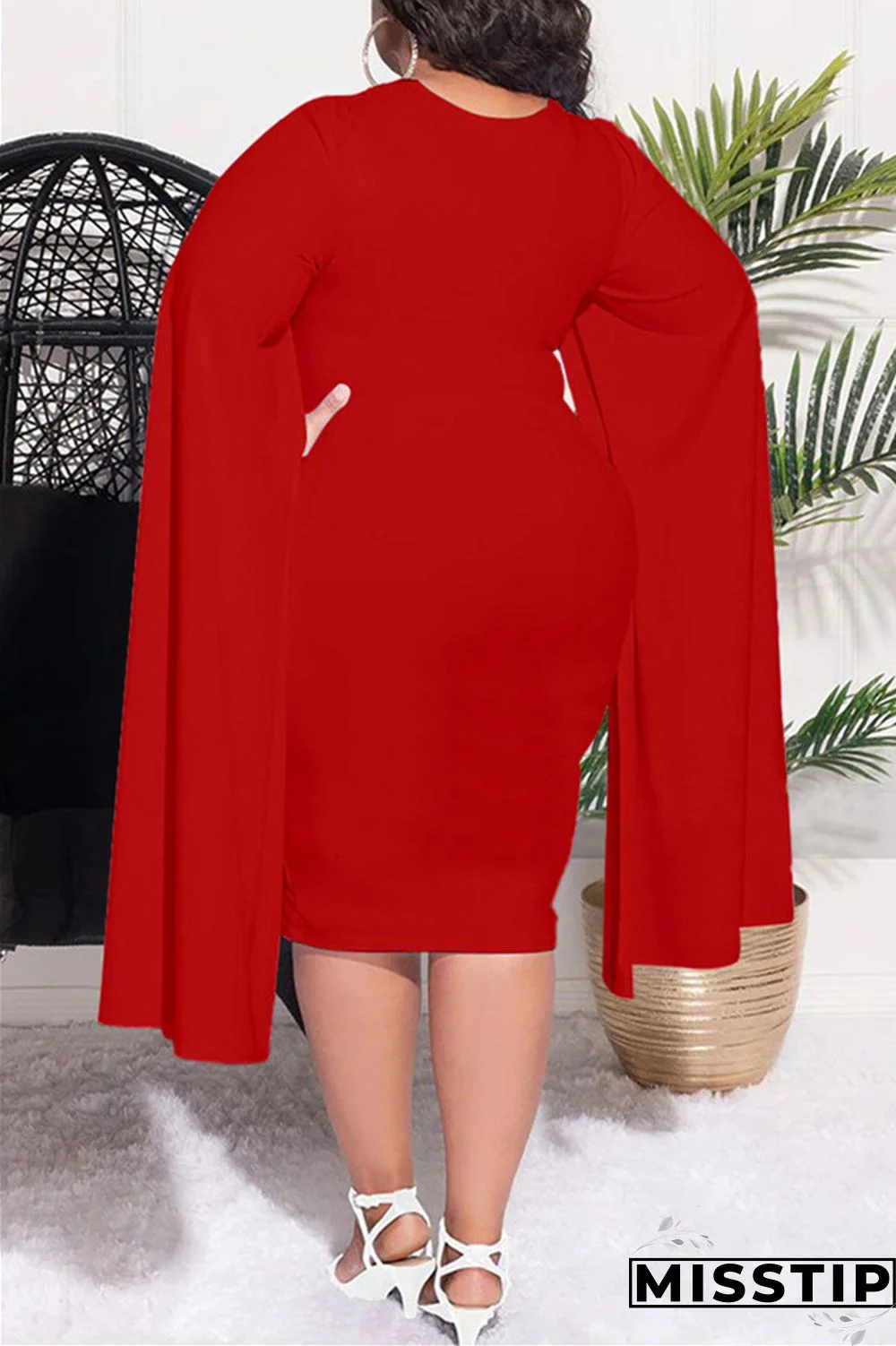 Red Casual Solid Patchwork Square Collar Long Sleeve Plus Size Dresses