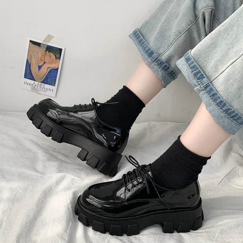 Vstacam Graduation Black Patent Leather Platform Shoes Women 2022 Gothic Lace Up Chunky Heels Woman Japanese Style Student Shoes Female
