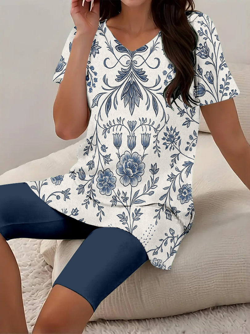 Women Long Sleeve V-neck Graphic Floral Printed Top