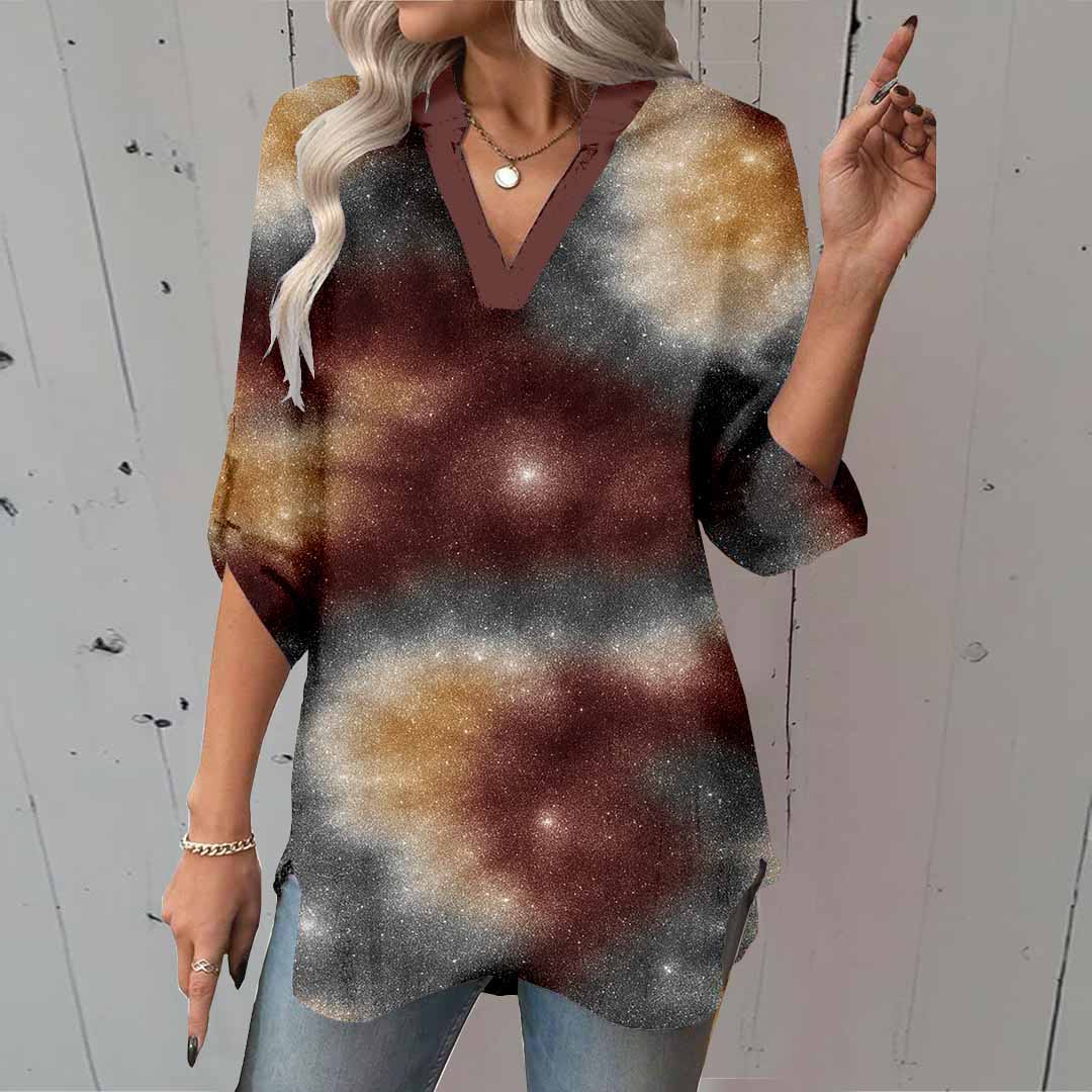 Women Glitter,Brown DZGA0032 3/4 Sleeve V-neck Printed Graphic Button Tops
