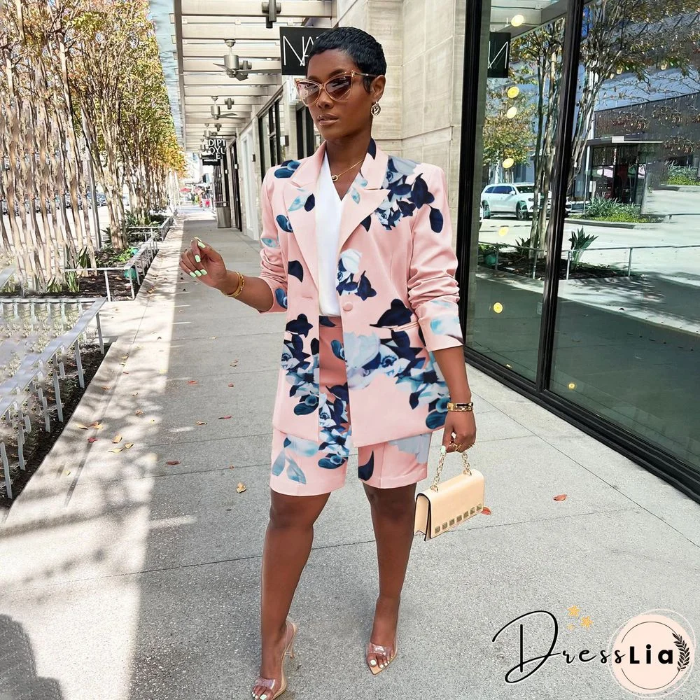 Floral Print Long Sleeve Blazer Two Piece Shorts Suit