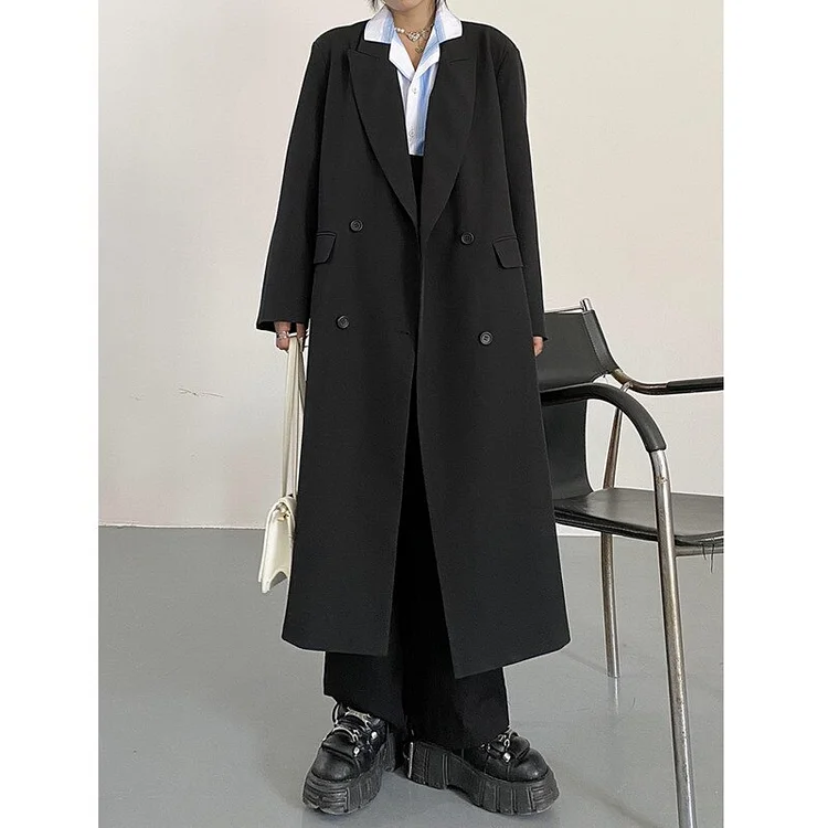 Fashion Loose Solid Color Lapel Double Breasted Pockets Long Sleeve Coat 