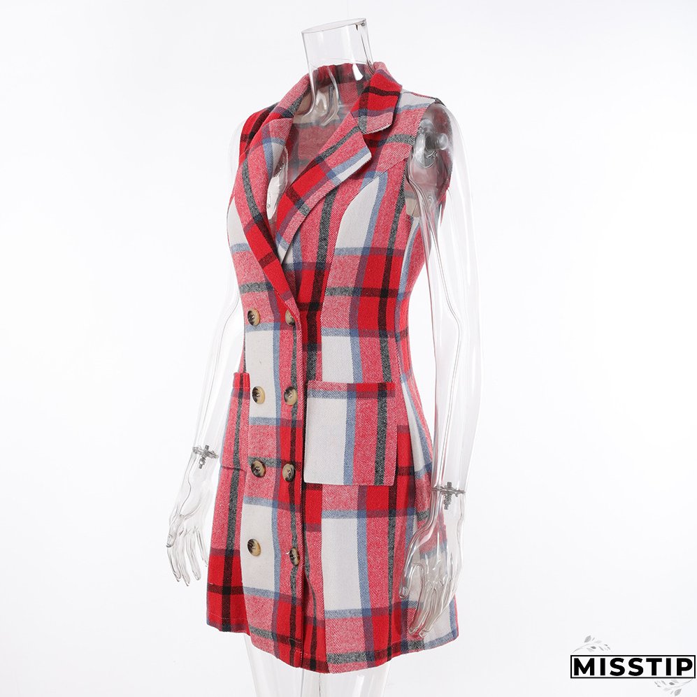 Women's Fashion Plaid Long Vest Turndown Collar Sleeveless Blazer