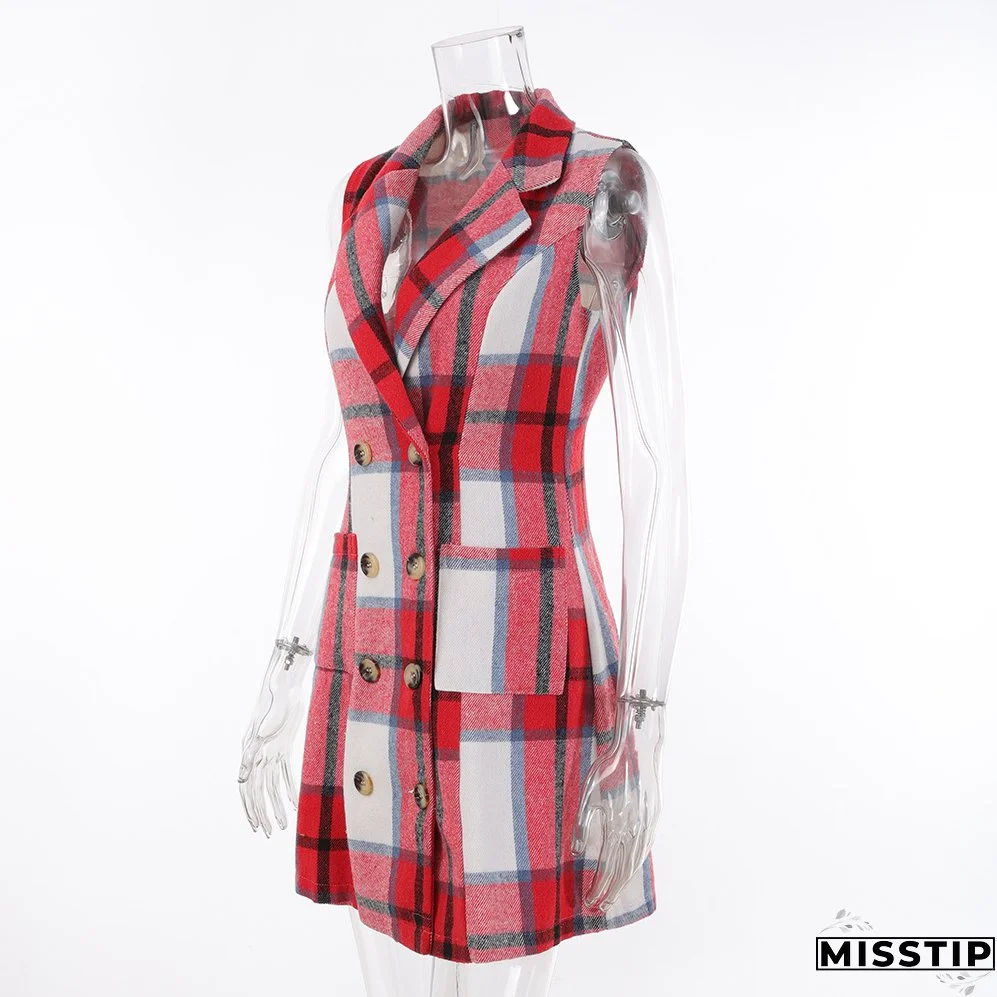 Women's Fashion Plaid Long Vest Turndown Collar Sleeveless Blazer