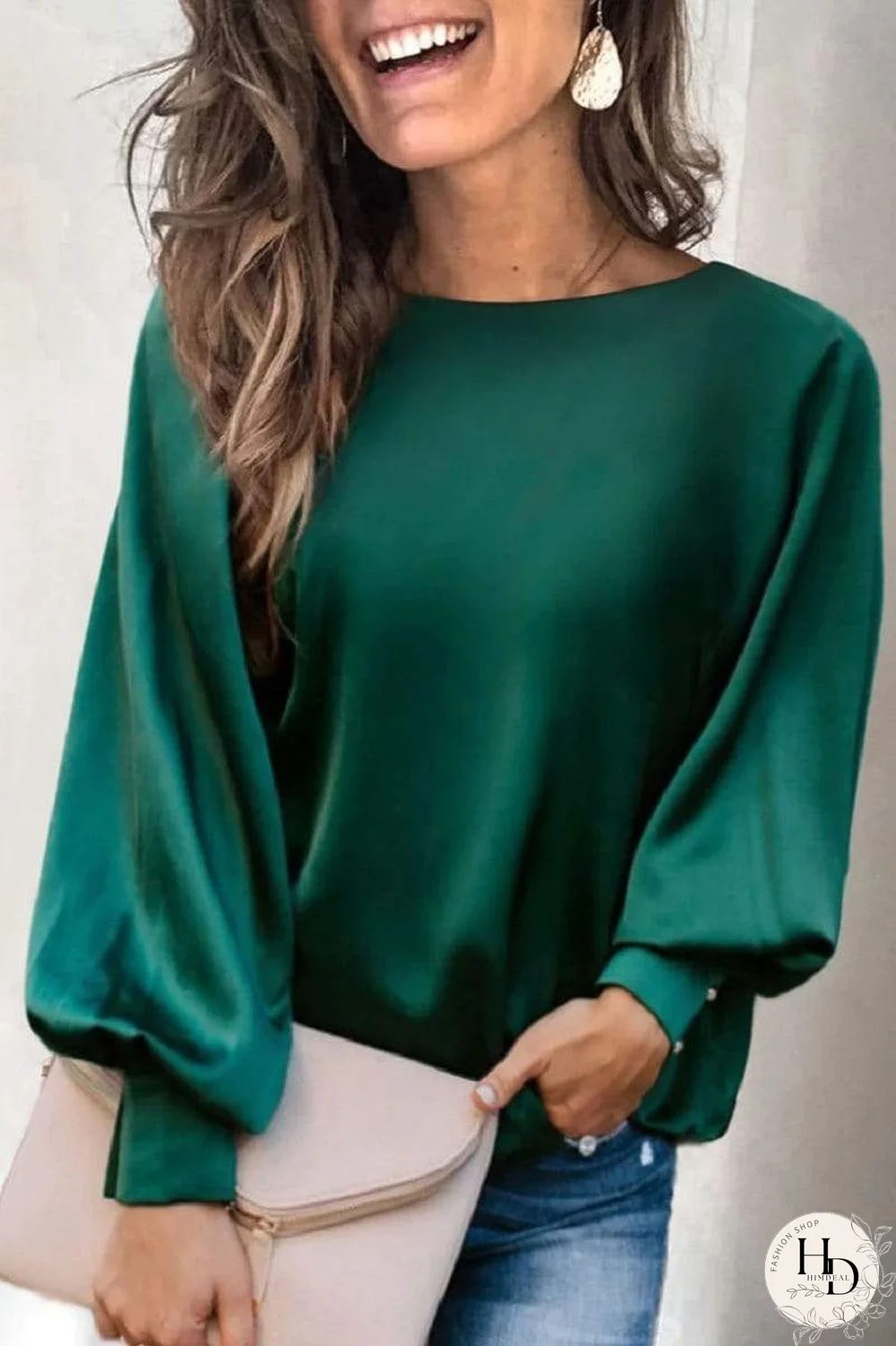 Casual Solid Color Lantern Sleeve Top