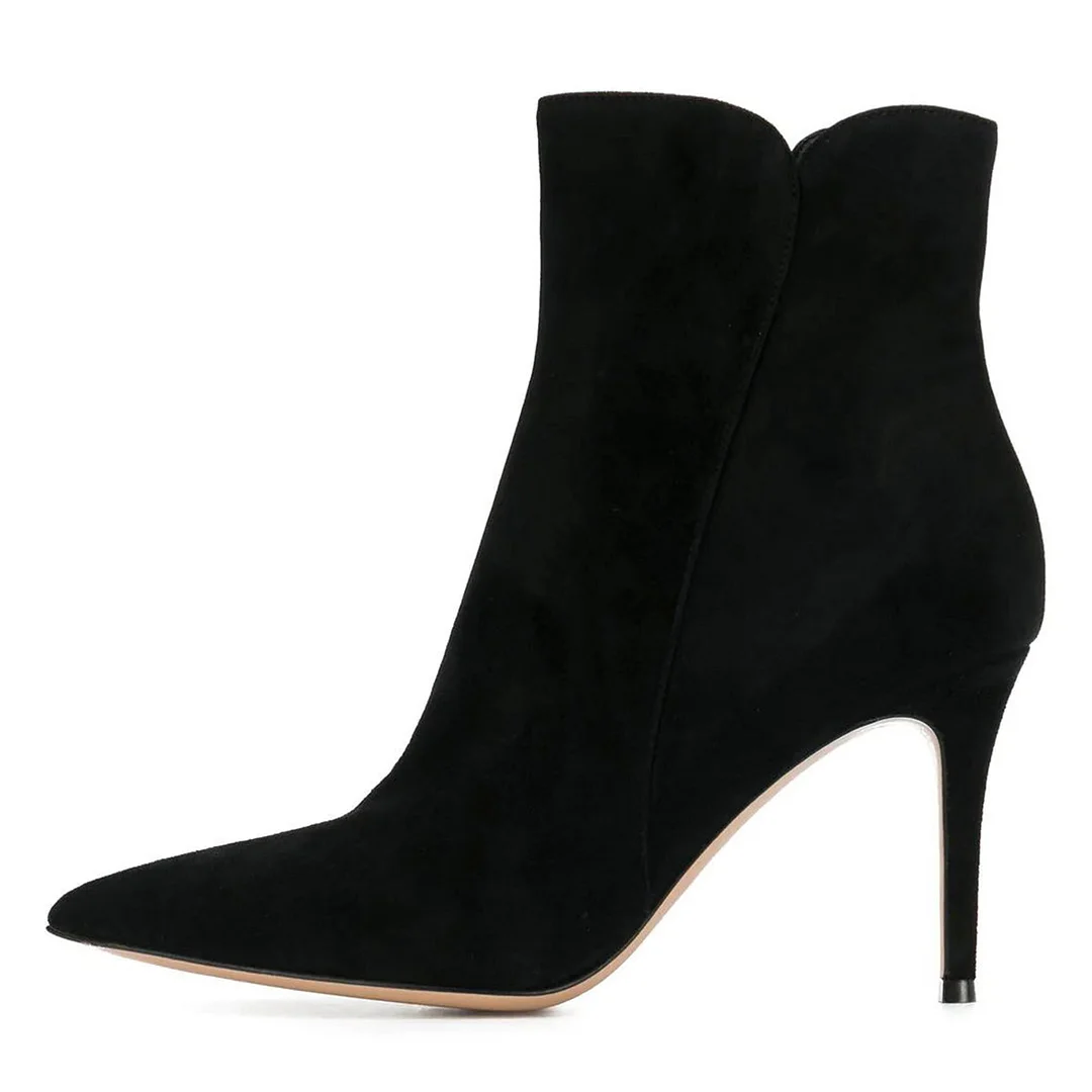 YDN Women's Vegan Suede Side Zipper Pointed Toe Black Heel Booties