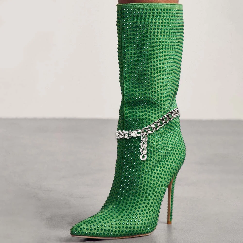 Green Stiletto Heels Pointy toe Ankle  Boots Leather