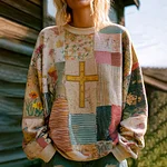 Women's Cross Floral Patchwork Cozy Sweatshirt - Image 2