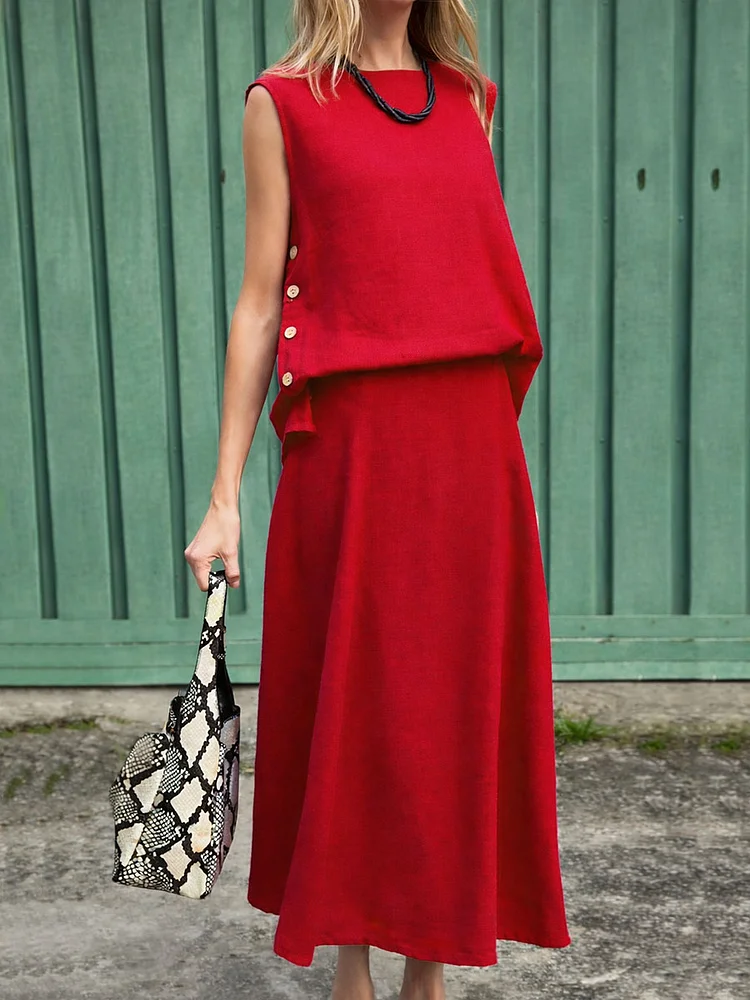 Women's Solid Color Round Neck Sleeveless Casual Loose Cotton And Linen Top And High-waisted Solid Color A-line Cotton And Linen socialshop