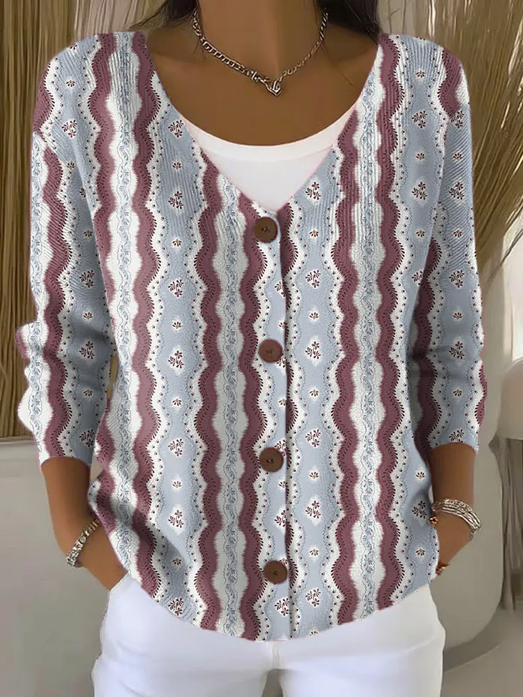 Wavy Stripes Print Buttoned V-neck Cardigan Sweater