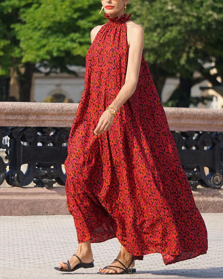 Red floral stand collar tie casual dress