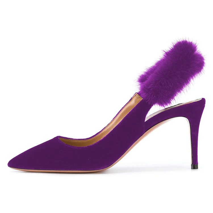 Purple Slingback Stiletto Heels with Furry Decoration Vdcoo