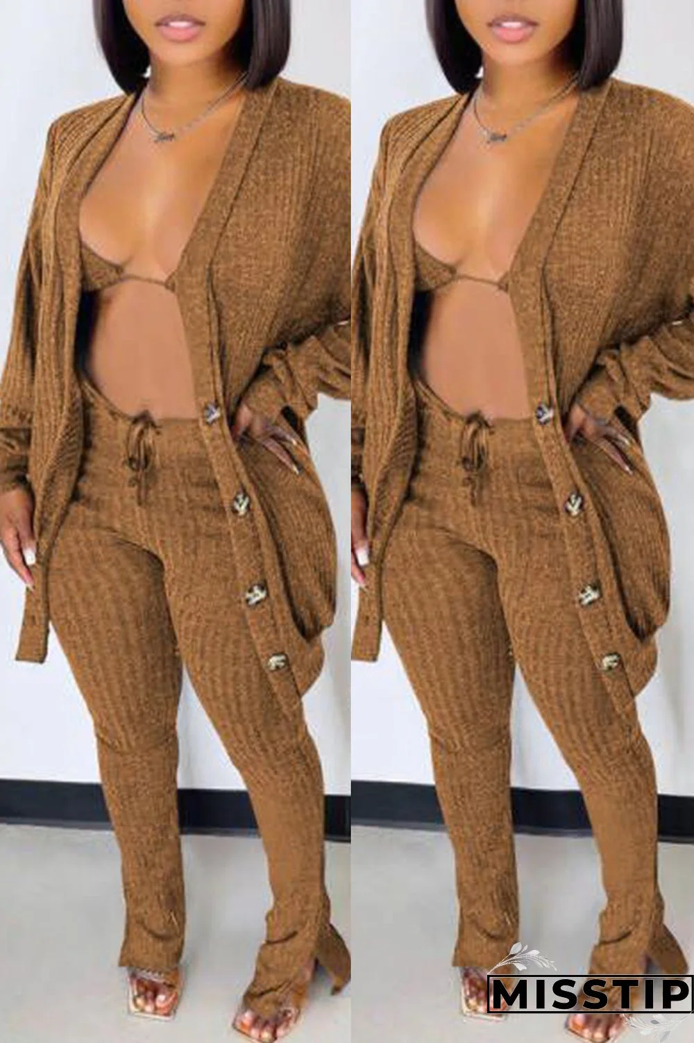 Blue Fashion Casual Solid Cardigan Vests Pants Long Sleeve Three-piece Set