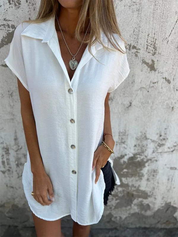 Cotton Button-down Shirt Short Sleeve Blouse White