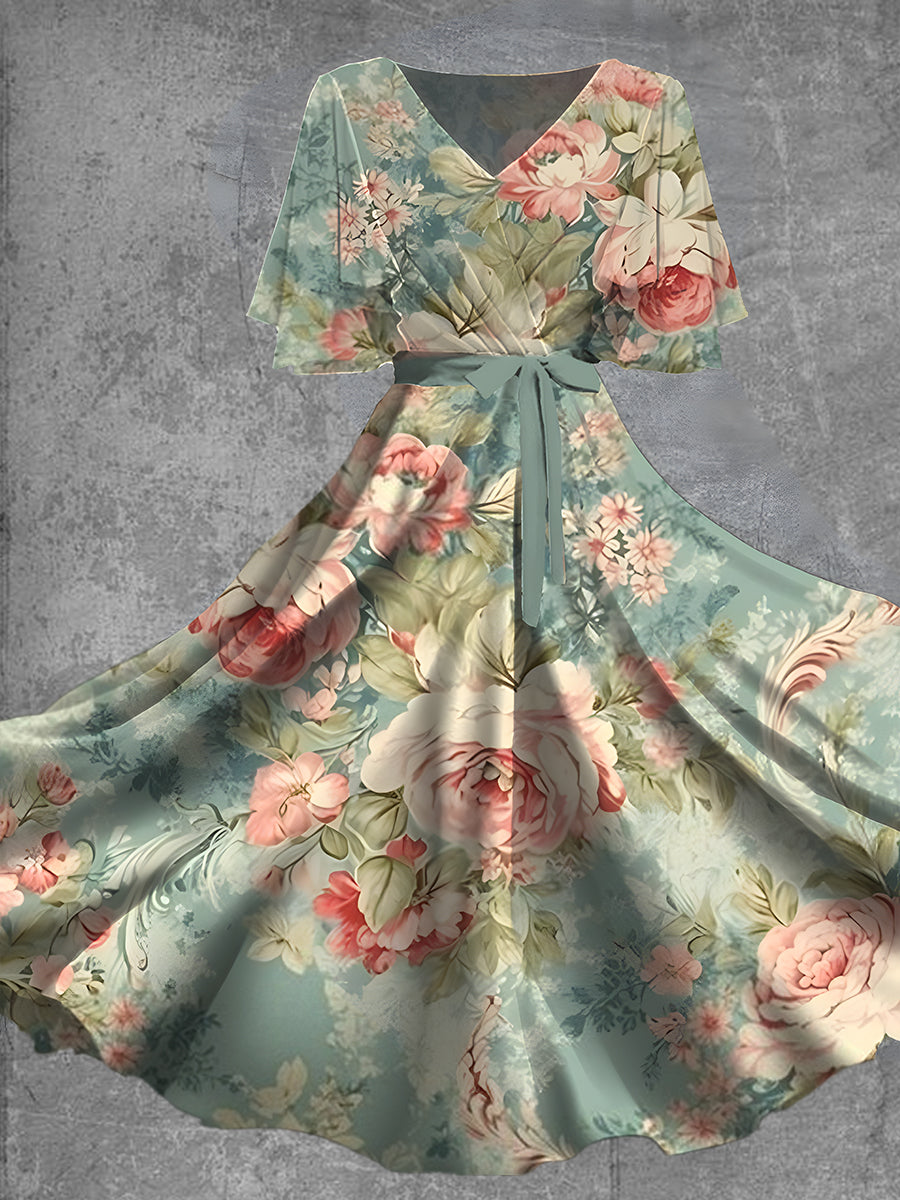 Vintage Floral Print Short Sleeve V-Neck Elegant Chic Flowy Midi Dress