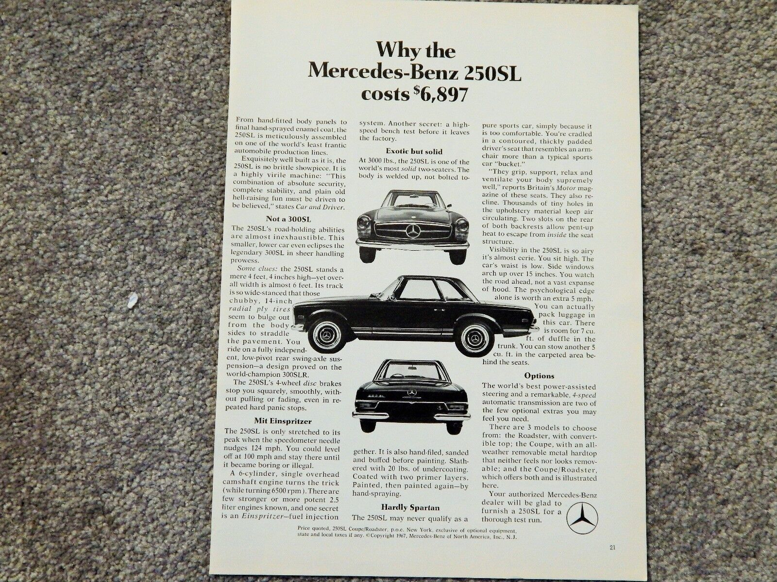 MERCEDES-BENZ 250SL CAR ORIG. VTG 1967 Photo Poster painting AD, RARE COLLECTIBLE, GREAT FRAMED