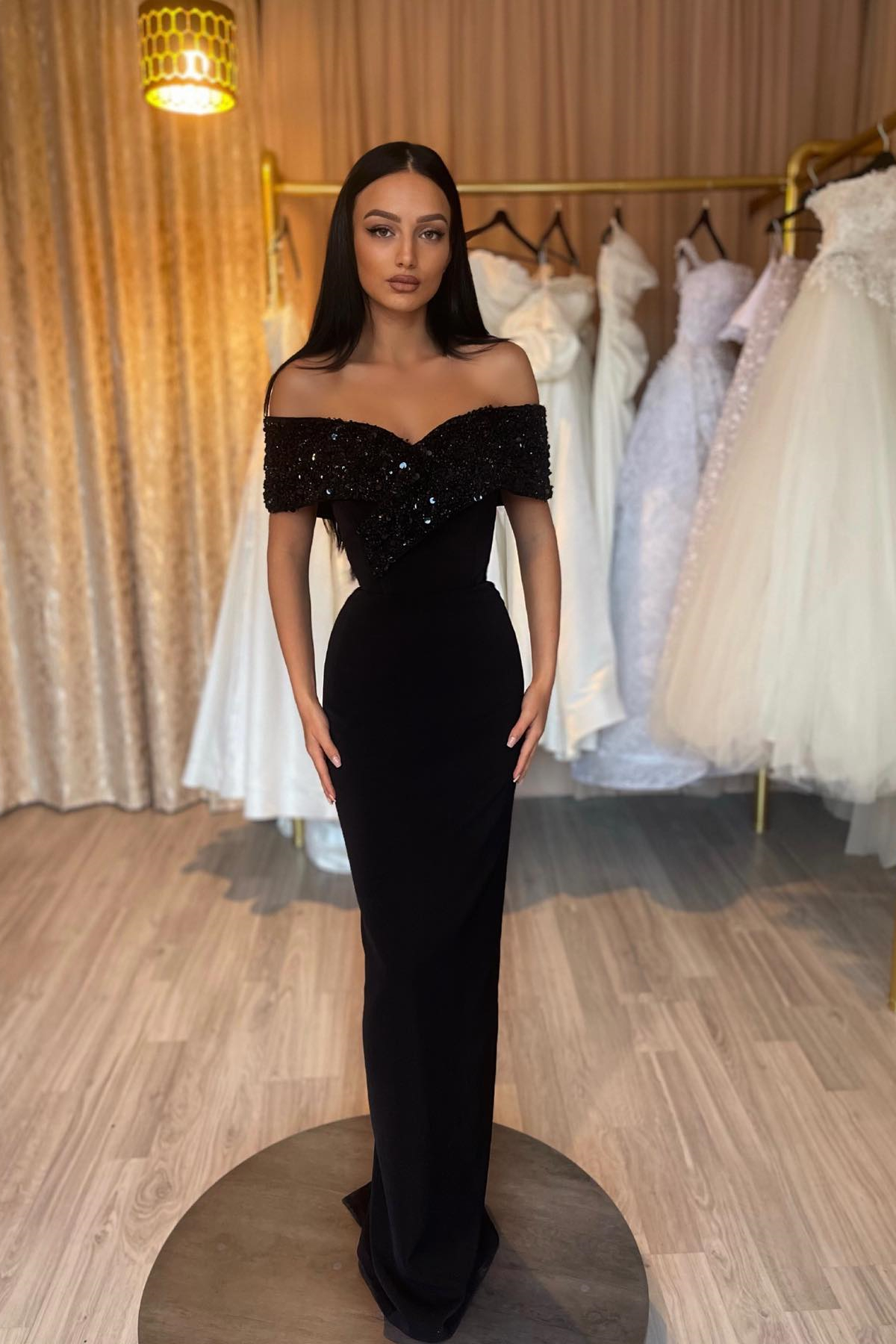 Dresseswow Black Off-the-shoulder Sweetheart Mermaid Prom Dress With Sequins