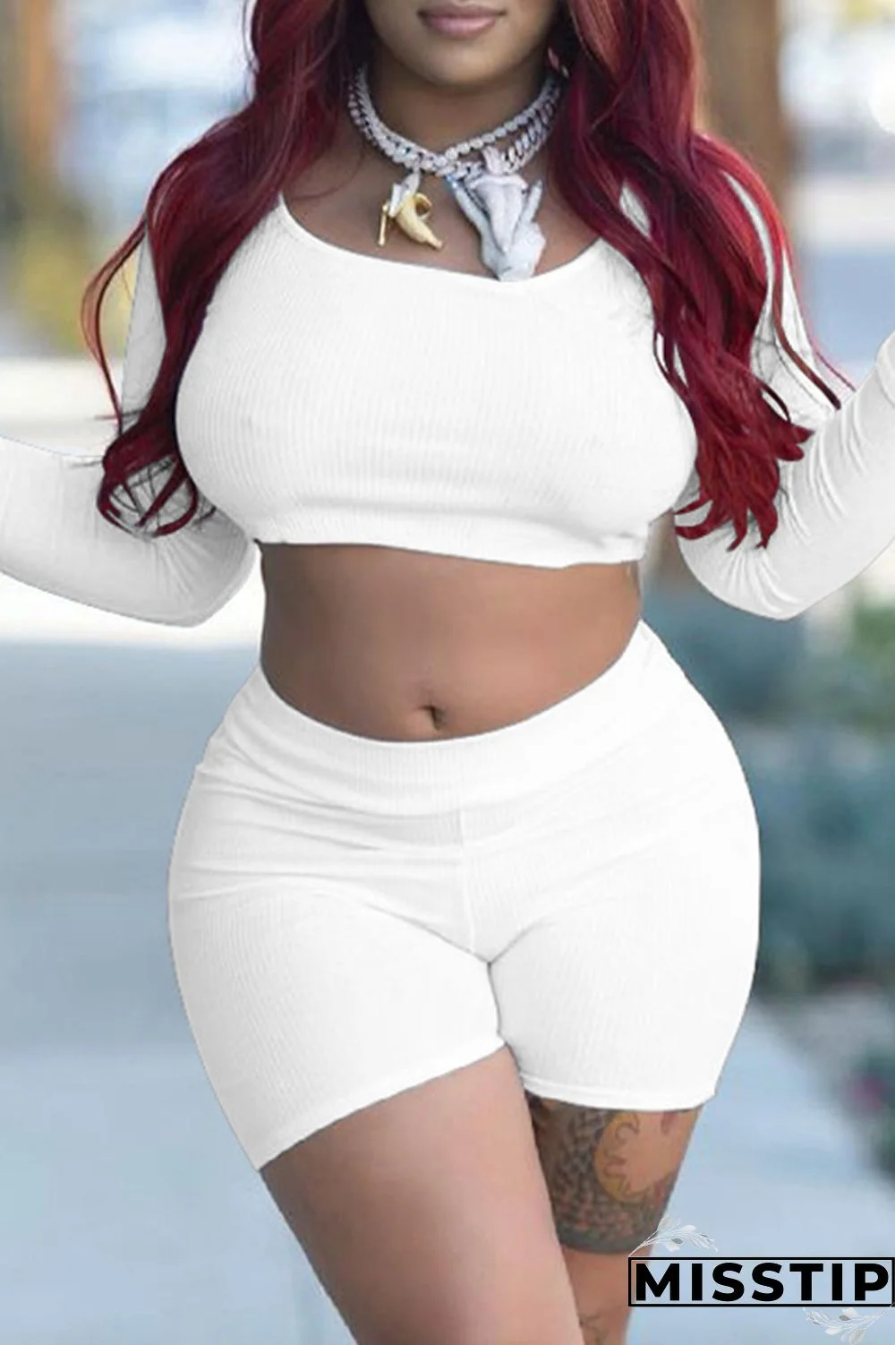 White Fashion Casual Basic O Neck Long Sleeve Two Pieces