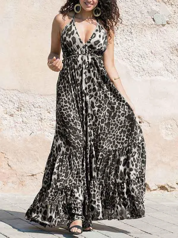 Women Sleeveless V-neck Leopard Printed Lace-up Maxi Dress