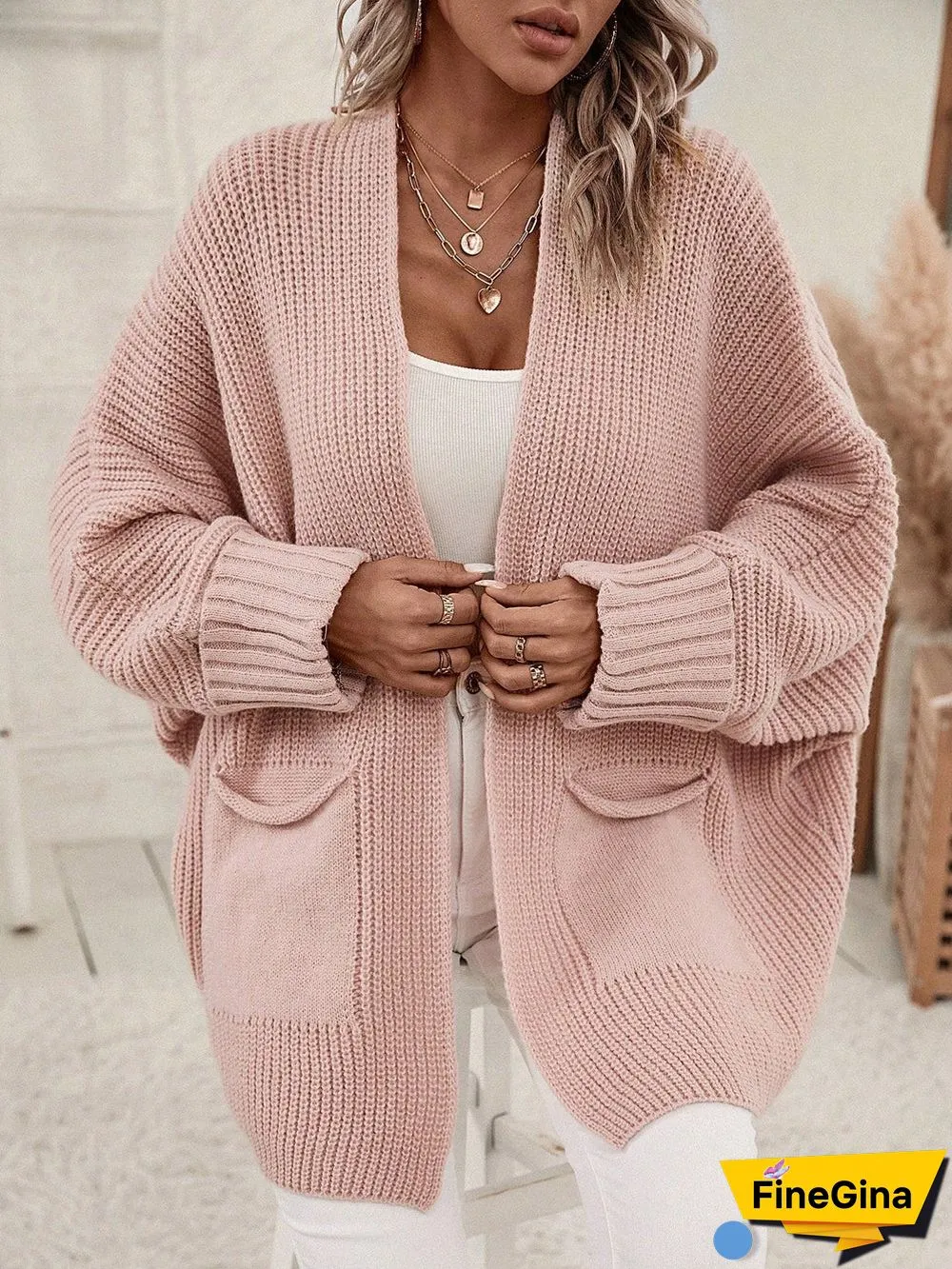 Pink Plain Side Pocket Cardigan