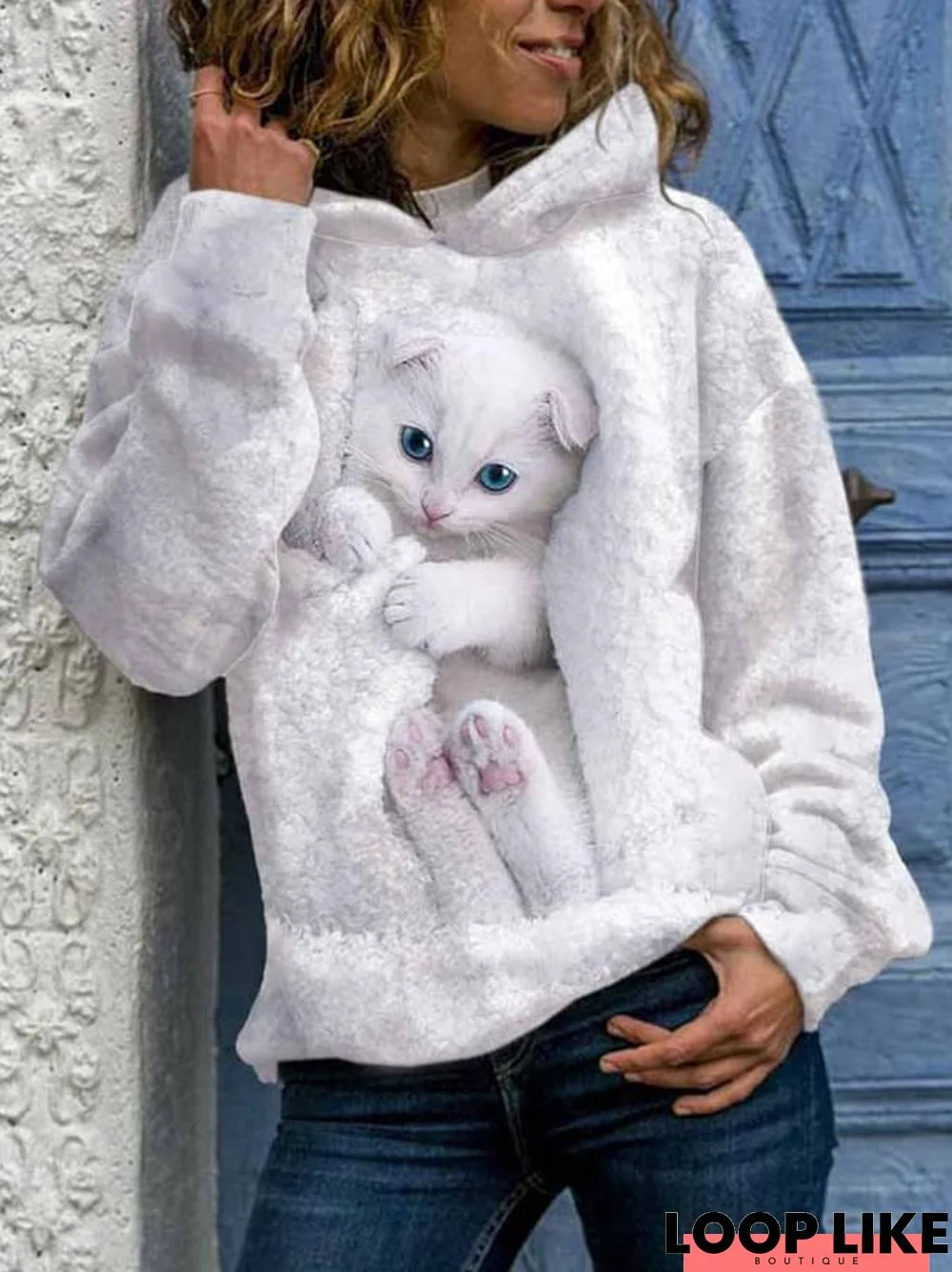 Fashion Cat Print Hooded Long-Sleeve Sweatshirt