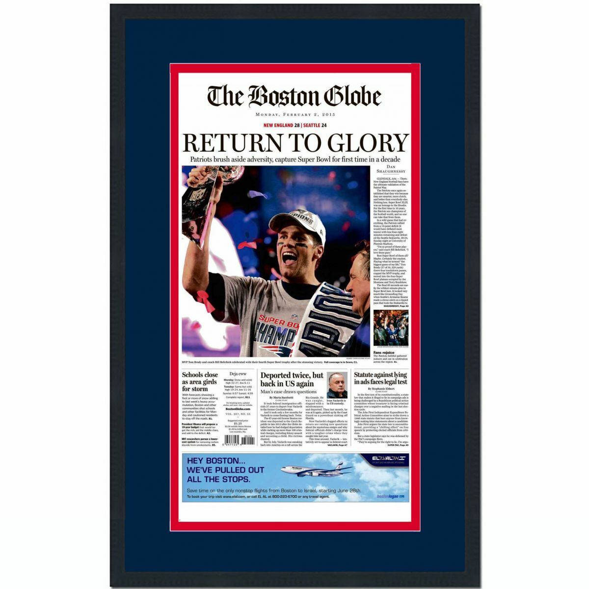 Framed Boston Globe New England Patriots Super Bowl XLIX Newspaper 17x27 Photo Poster painting