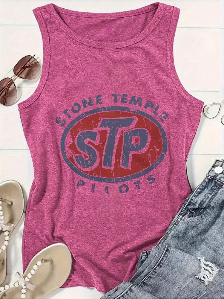 Women's Sleeveless Tank Top - Summer Fashion Stone Temple Pilots Print, Pink Geometric Pattern, Casual Beachwear, Breathable & Comfortable, Machine Washable, Ideal For Outdoor, Fitness, Daily Wear, Casual Wear | Design | Breathable Fabric