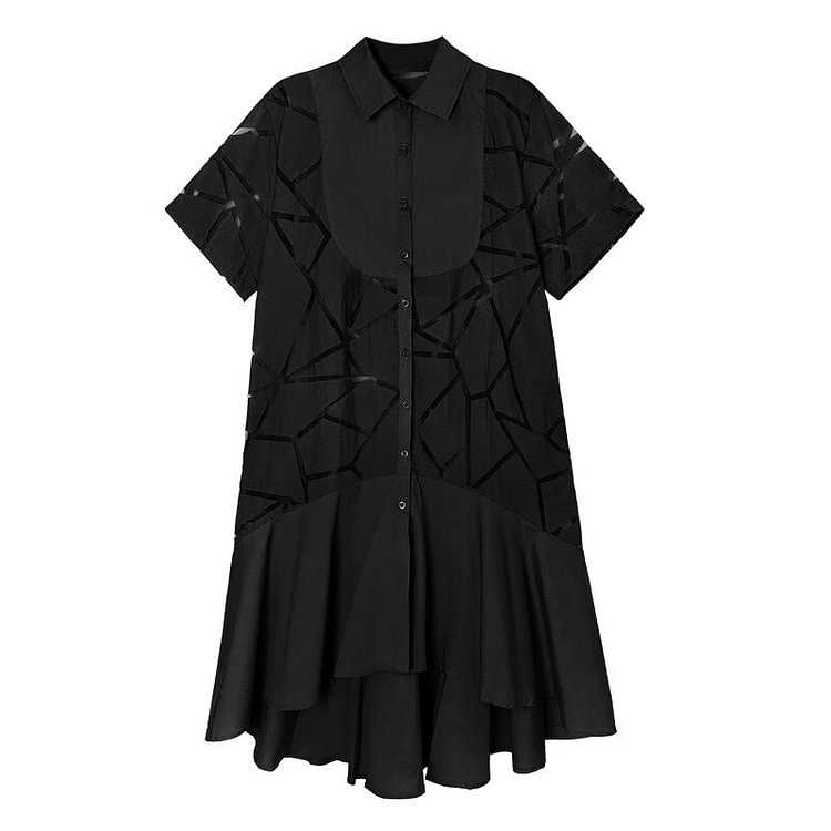 Temperament Loose Lapel Perspective Geometry Patchwork Ruffled Hem Short Sleeve Shirt Dress    