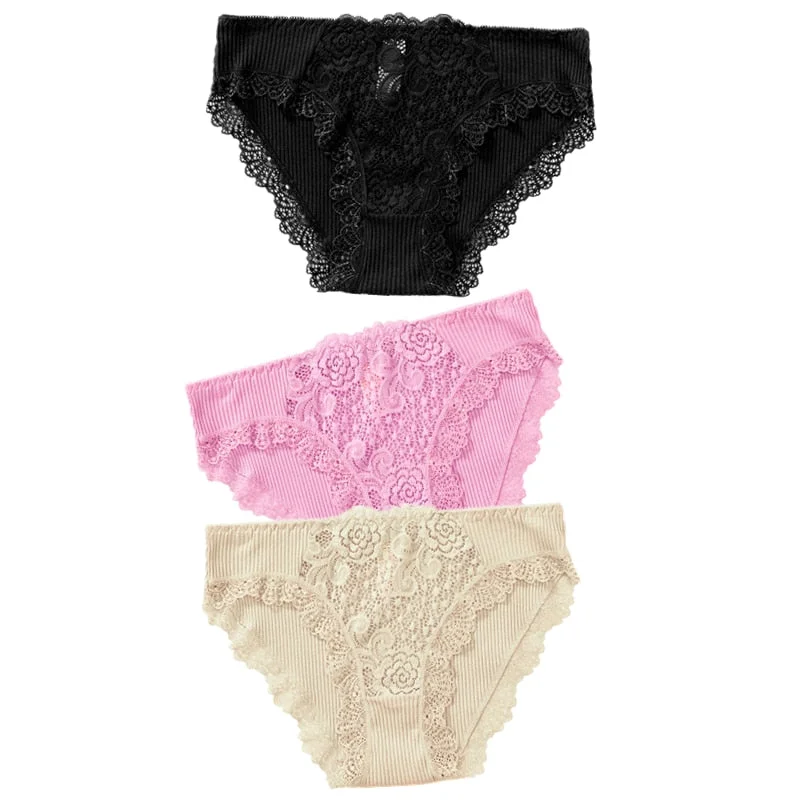 3PCS Cotton Panties Underwear Solid Women Sexy Lace Underpants Soft Briefs Set Female Intimates Plus Size Lingerie Panty XL XXL
