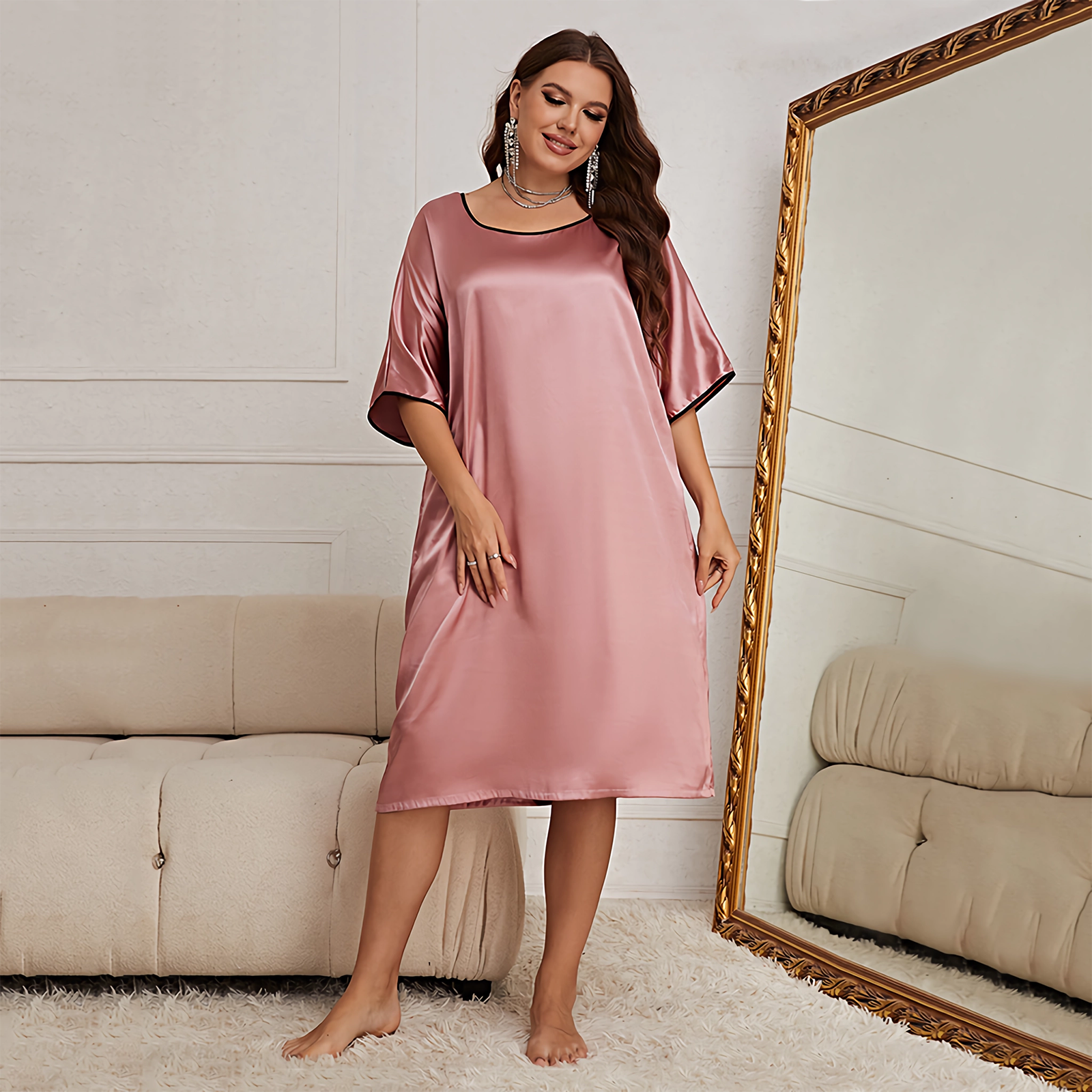 Pink Loose Round Neck Silk Nightgown  REAL SILK LIFE