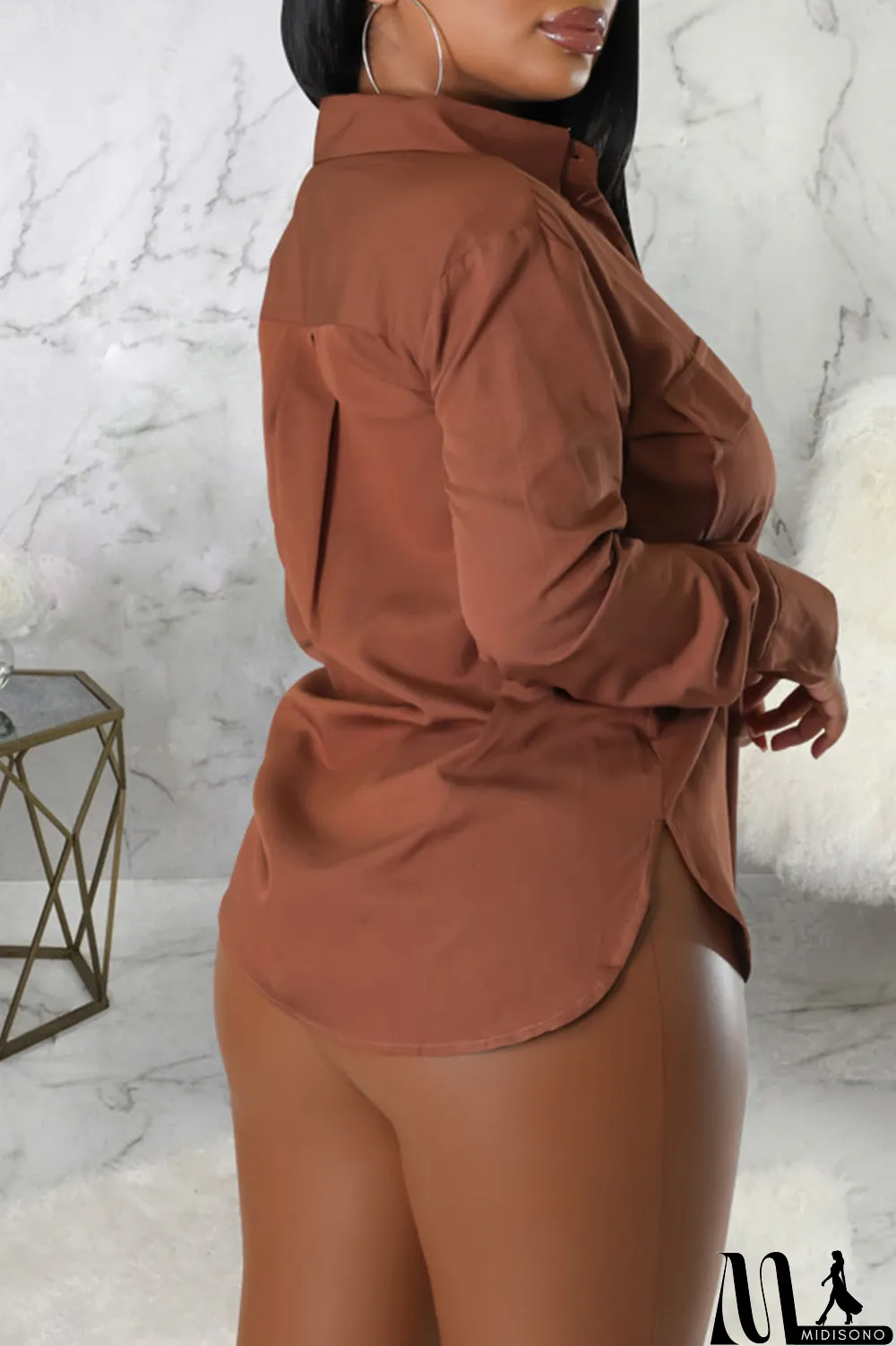 MidiSono - Brown Casual Solid Patchwork Buckle Turndown Collar Tops