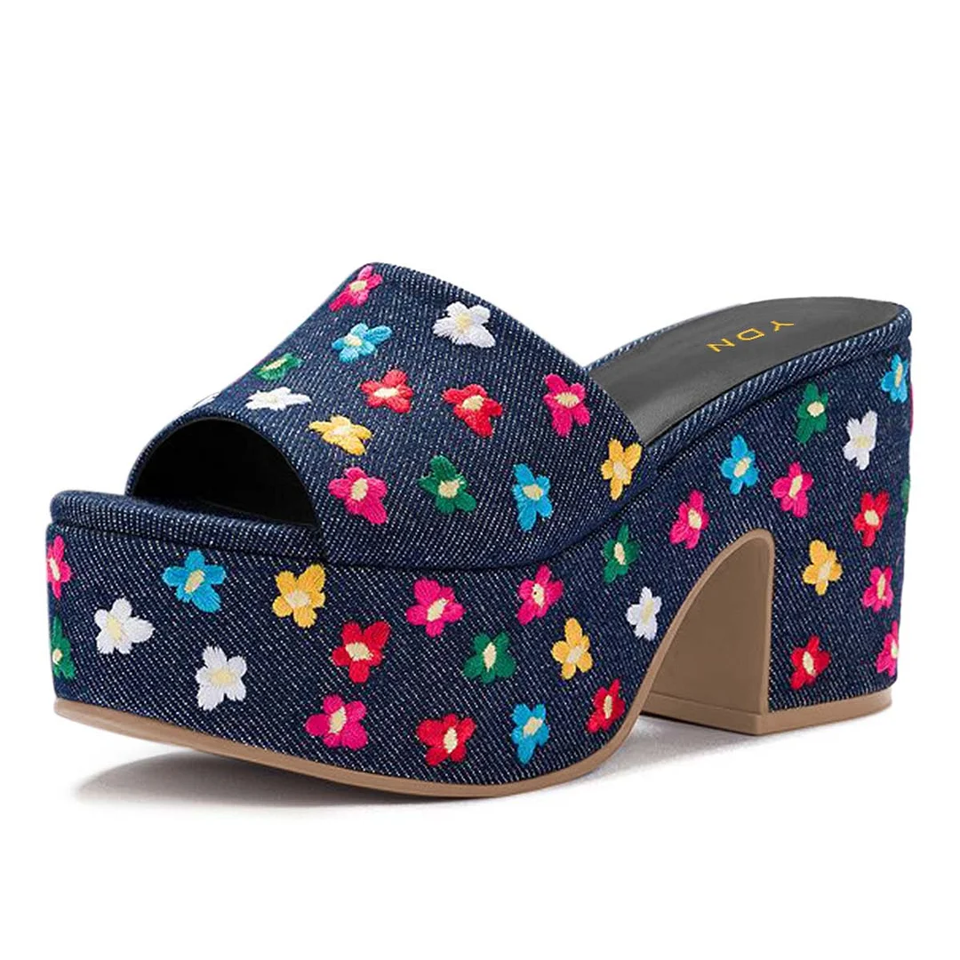 Multicolor Denim Open Toe Flower Embroidery Platform Mules Sandals