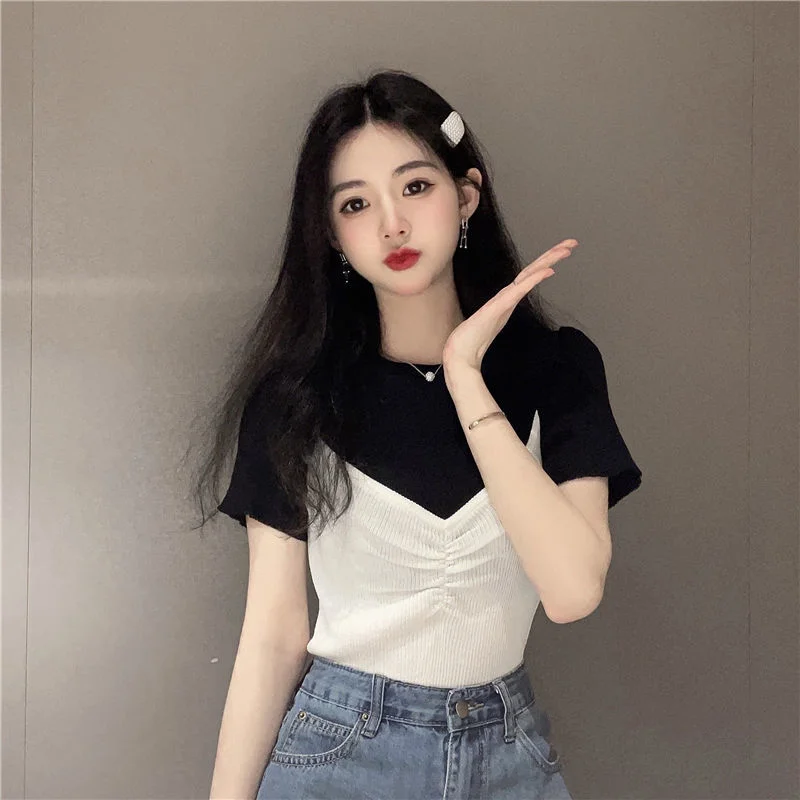 Uveng Uveng New Splicing Color Fake Two Short-Sleeved T-Shirt Women's Tide Net Red Repairing Short Half-Sleeved Top