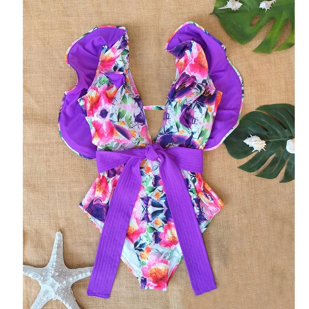 2020 New Sexy Ruffle Print Floral One Piece Strappy Slimming Swimwear Women  Swimsuit Deep-V Bathing Suit Beach Wear Monkini