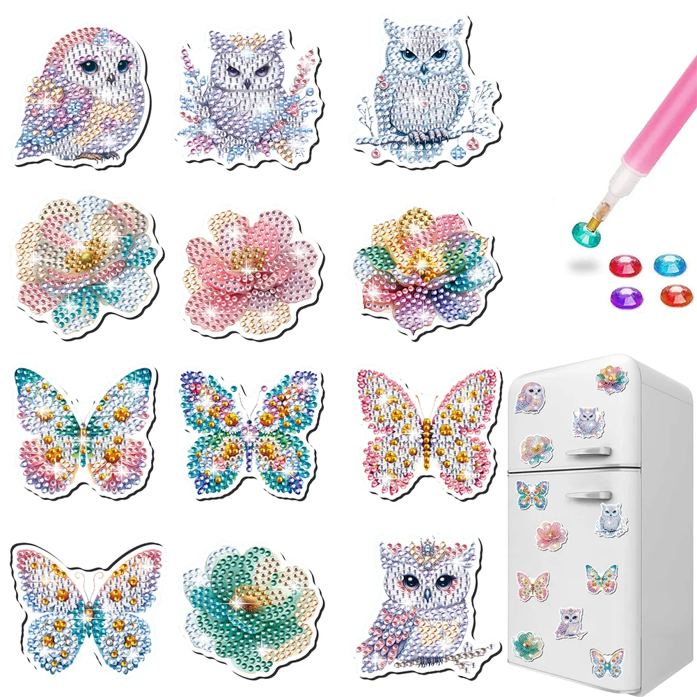 12Pcs Owl Flower Butterfly Diamond Painting Fridge Magnet Fridge Stickers