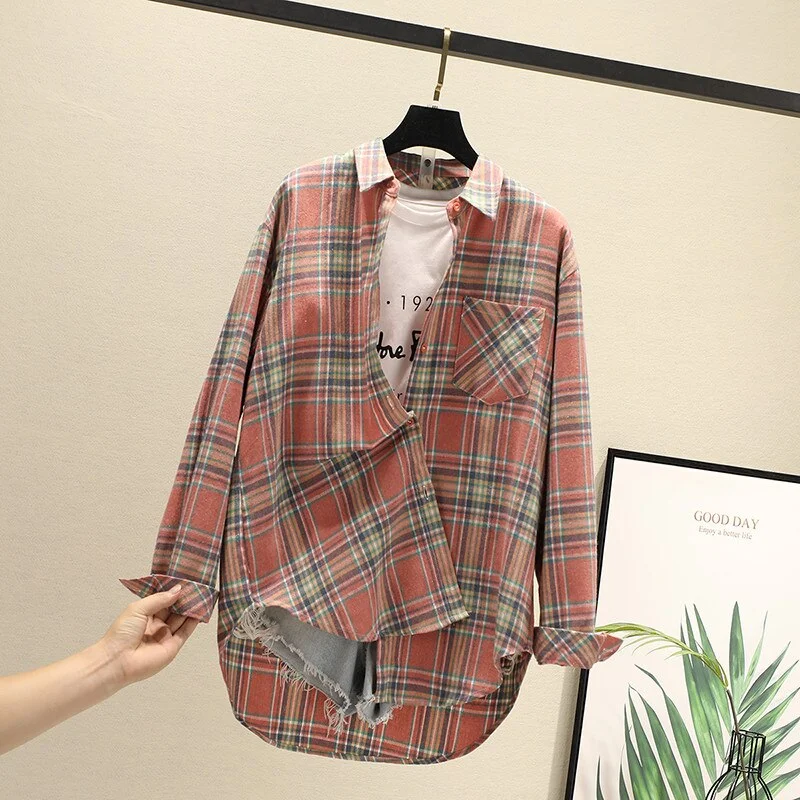 Women Blouses Shirts Tunic Womens Tops 2020 Long Sleeve Clothing Button Up Down Plaid New Fashion Autumn Turn-down Collar Good