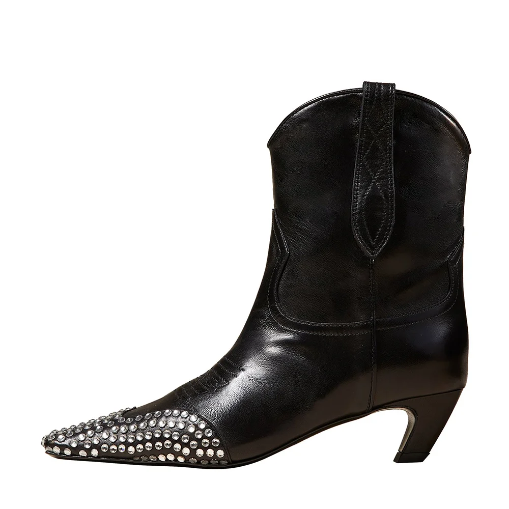 Pointed Toe  Boots Rhinestone Decor Black Spool Heel Booties Nicepairs