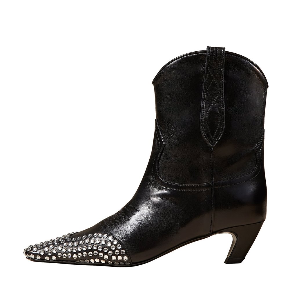 Pointed Toe Leather Boots Rhinestone Decor Black Spool Heel Booties Nicepairs